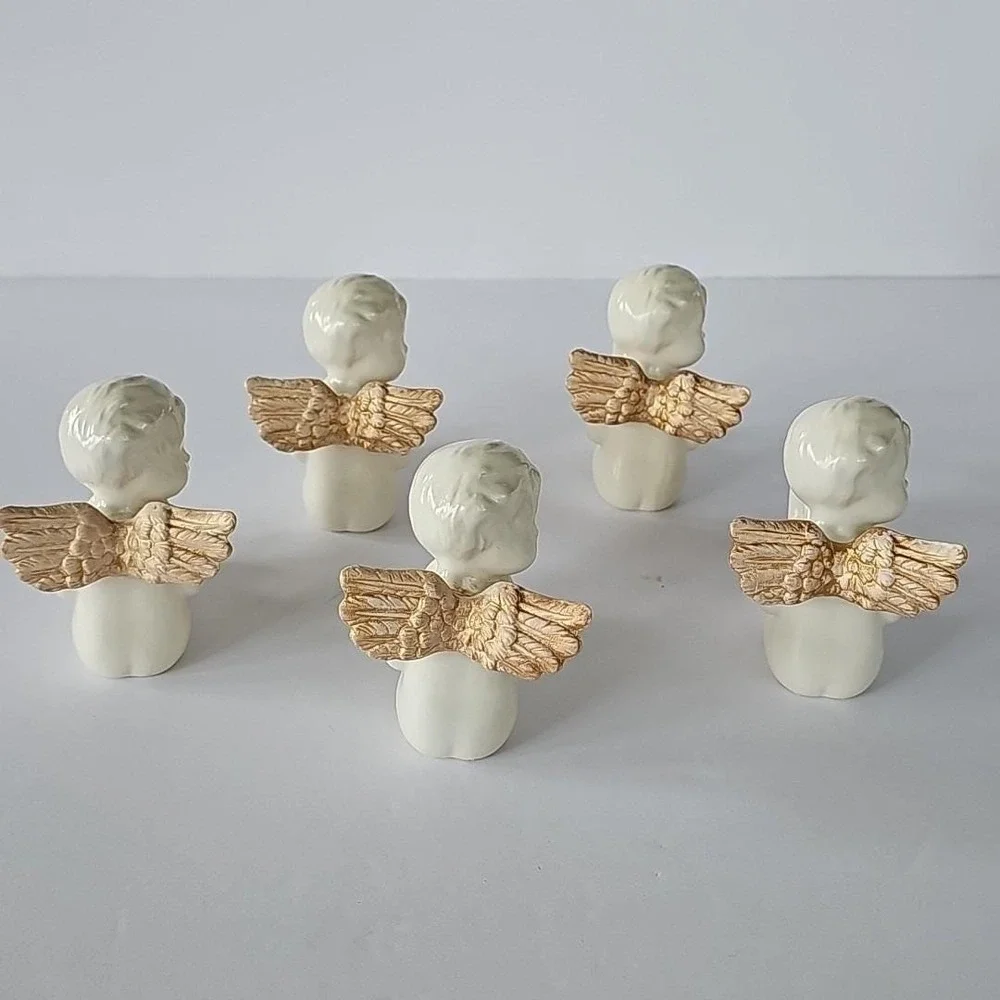 Vtg Victorian Cherub Angel Gold Wing Napkin Holder Ring‎ Set 5 Cottagecore 1925